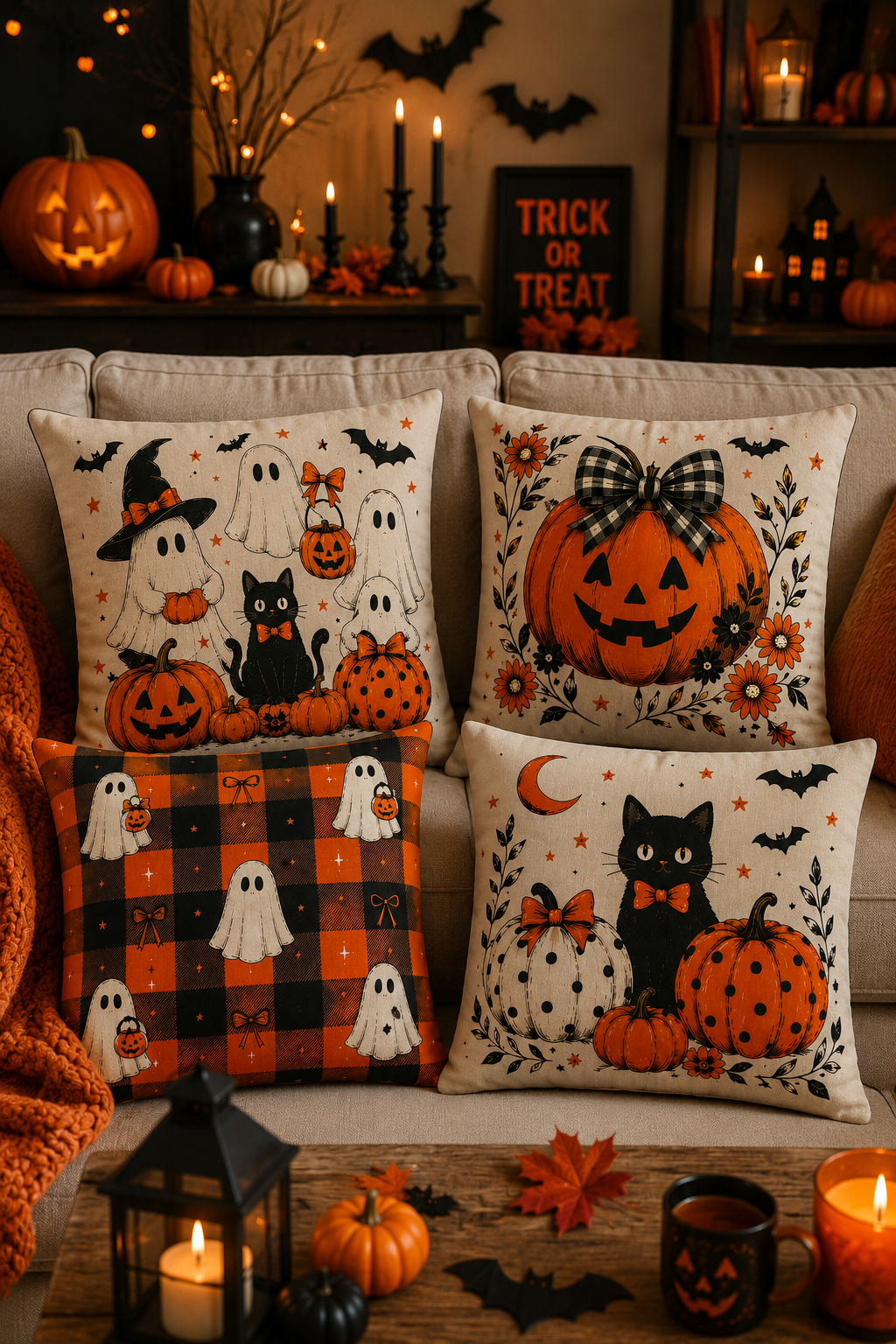 🎃 Halloween Dreams – Dekoratif 4'lü Kırlent Kılıfı Seti