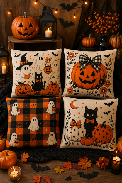 🎃 Halloween Dreams – Dekoratif 4'lü Kırlent Kılıfı Seti